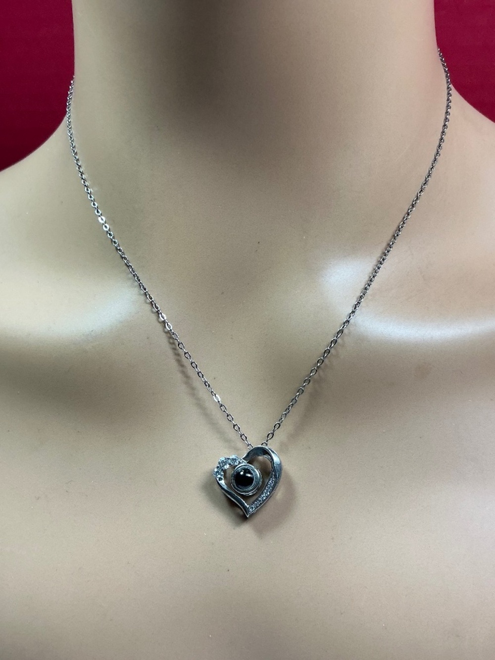 Sterling Signed Heart Shaped Pendant & Chain with stones. 16.5 to 18.5”